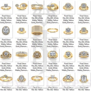 May include: A collection of 36 different gold engagement rings with various diamond settings. The rings are displayed on a white background.