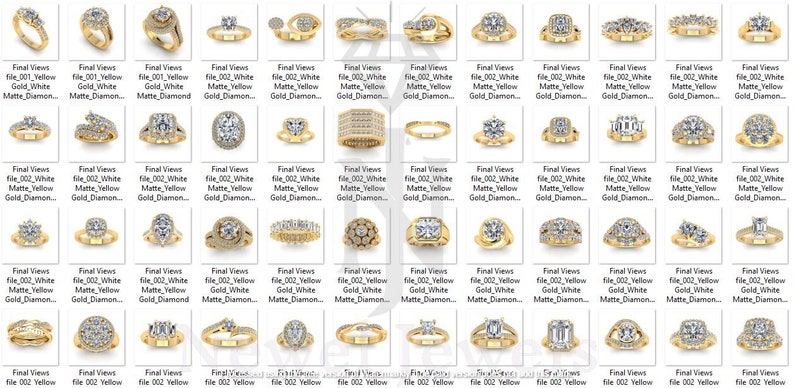 May include: A collection of 36 different gold engagement rings with various diamond settings. The rings are displayed on a white background.