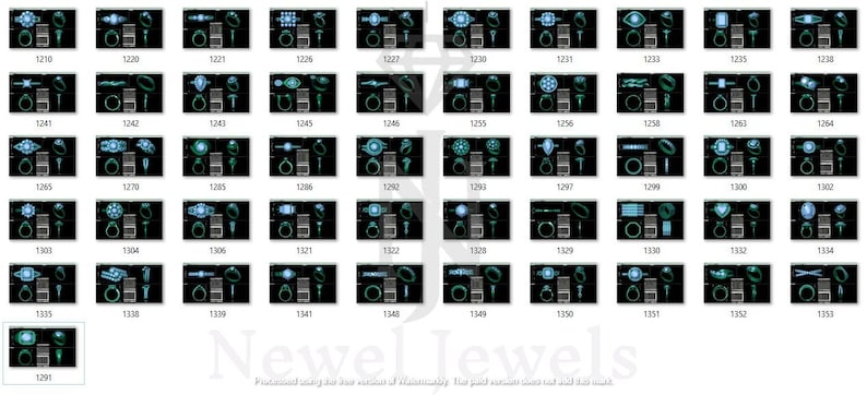 May include: A grid of 48 images showing different styles of engagement rings. Each image shows a ring with a different stone and setting. The images are labeled with numbers from 1210 to 1353.
