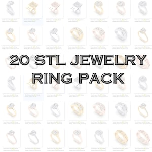 Puede incluir: Un conjunto de 20 archivos STL para la impresión 3D de anillos de joyería. Los anillos son de varios estilos y metales, incluyendo oro blanco, oro amarillo, oro rosa y platino. Algunos anillos tienen diamantes.