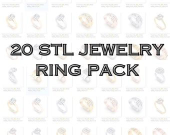 May include: A set of 20 STL files for 3D printing jewelry rings. The rings are in various styles and metals, including white gold, yellow gold, rose gold, and platinum. Some rings feature diamonds.