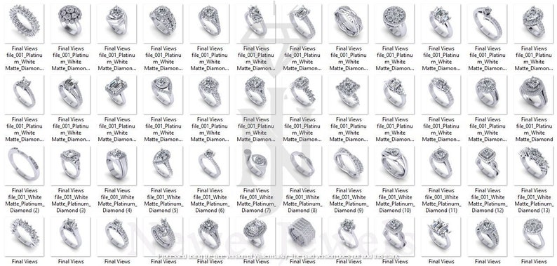 May include: A collection of 48 platinum engagement rings with various styles of diamond settings. The rings are displayed in a grid format with a white background.
