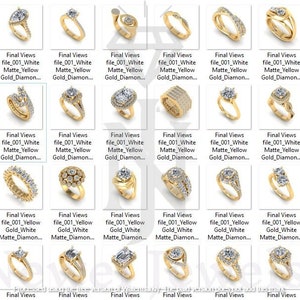 May include: A collection of gold rings with various styles of settings and diamonds. Some rings have a white gold finish, while others have a yellow gold finish. The rings are displayed on a white background.