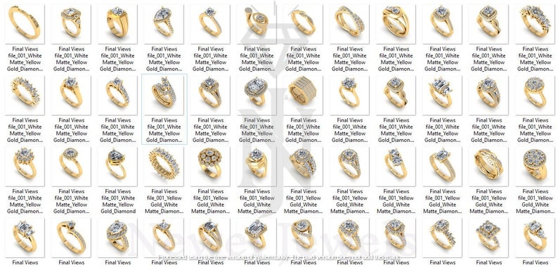 May include: A collection of gold rings with various styles of settings and diamonds. Some rings have a white gold finish, while others have a yellow gold finish. The rings are displayed on a white background.