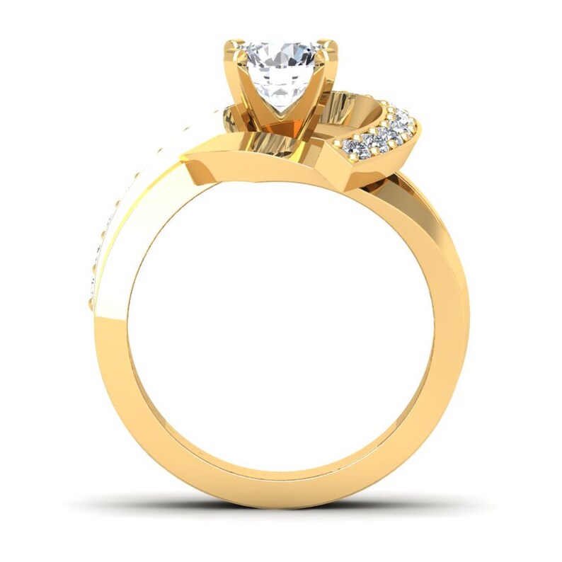 May include: A gold ring with a large, clear center stone and smaller stones set in the band. The band is twisted and has a unique design.