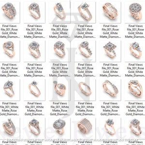 May include: A collection of 36 rose gold engagement rings with various styles of diamond settings. The rings are displayed on a white background.