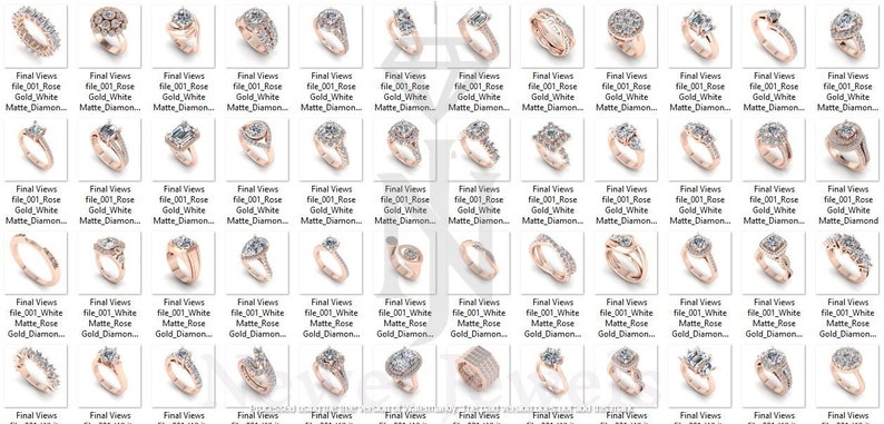 May include: A collection of 36 rose gold engagement rings with various styles of diamond settings. The rings are displayed on a white background.