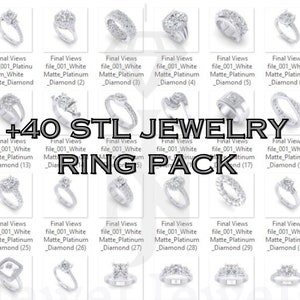 May include: A collection of 40 3D printable STL files for jewelry rings. The image shows a variety of ring designs, including classic solitaire, halo, and pave settings. The rings are made of white platinum and feature diamonds.