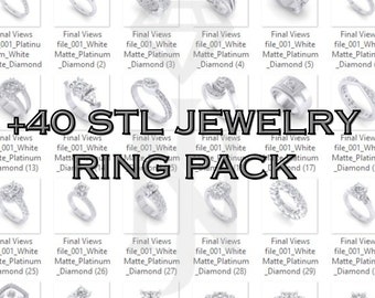 May include: A collection of 40 3D printable STL files for jewelry rings. The image shows a variety of ring designs, including classic solitaire, halo, and pave settings. The rings are made of white platinum and feature diamonds.
