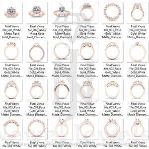 May include: A collection of 36 different engagement ring designs featuring various styles of settings, including halo, pave, and solitaire. The rings are set in rose gold and feature white diamonds.