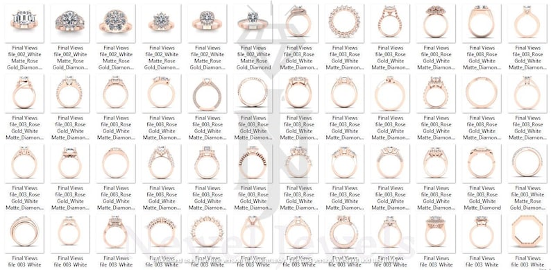 May include: A collection of 36 different engagement ring designs featuring various styles of settings, including halo, pave, and solitaire. The rings are set in rose gold and feature white diamonds.