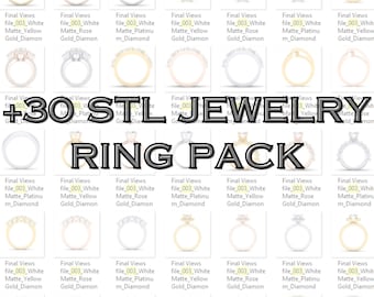 May include: A grid of various ring designs in gold, rose gold, and platinum, each with different diamond settings. The image includes the text "+30 STL JEWELRY RING PACK".