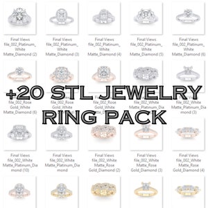 Puede incluir: Una colección de 20 anillos de compromiso en varios estilos, incluyendo platino, oro rosa y oro blanco. Los anillos presentan diferentes engastes de diamantes y estilos de banda. La imagen incluye el texto "+20 STL JEWELRY RING PACK".
