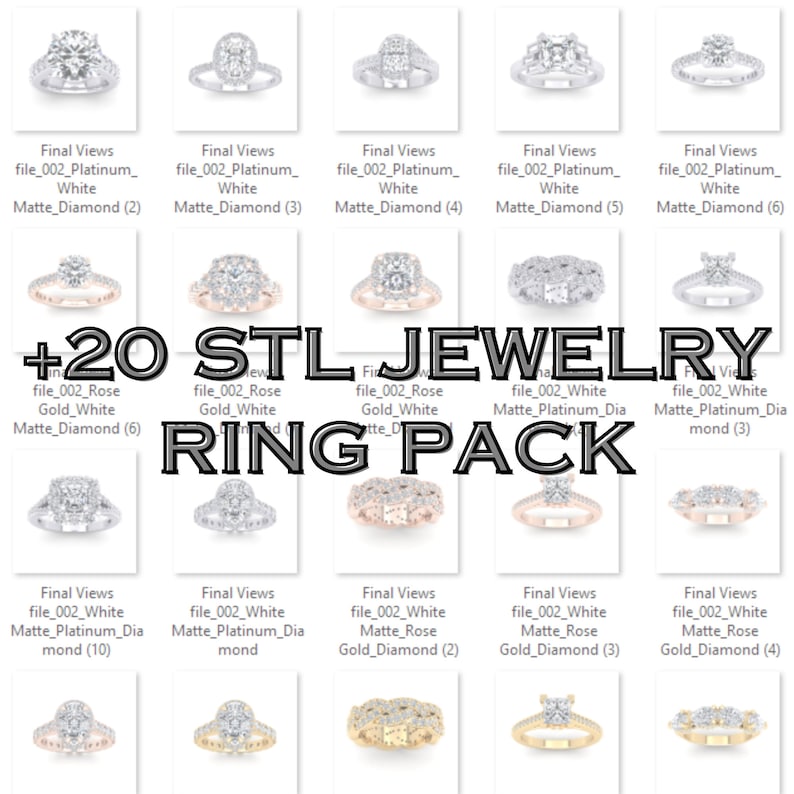 May include: A collection of 20 engagement rings in various styles, including platinum, rose gold, and white gold. The rings feature different diamond settings and band styles. The image includes the text "+20 STL JEWELRY RING PACK".