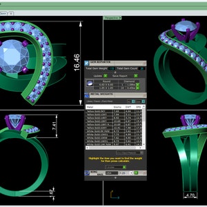 May include: A 3D rendering of a ring with a large round diamond center stone and a curved band of smaller diamonds. The ring is set in green gold and has a purple accent. The image includes measurements in inches.