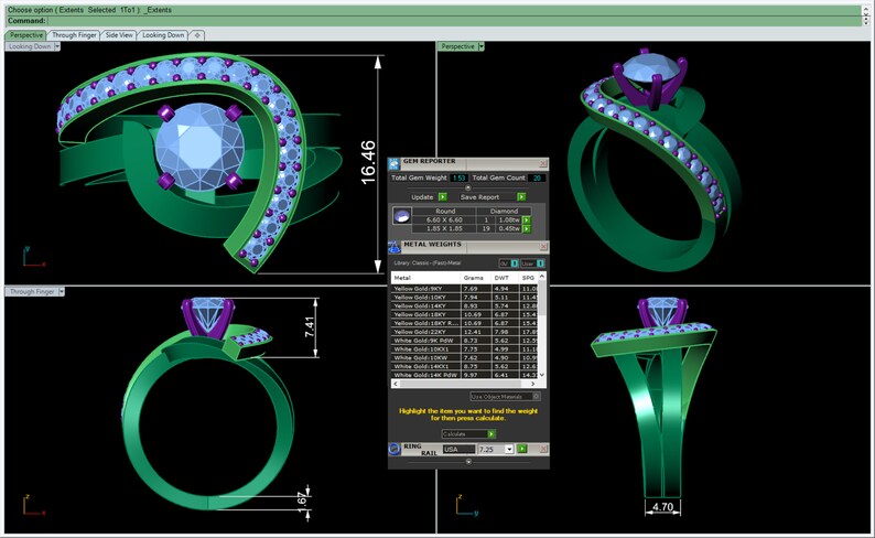 May include: A 3D rendering of a ring with a large round diamond center stone and a curved band of smaller diamonds. The ring is set in green gold and has a purple accent. The image includes measurements in inches.