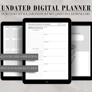 Agenda digitale Agenda verticale Inizio lunedì moderno senza data Agenda per iPad Agenda con collegamento ipertestuale Agenda settimanale per GoodNotes Agenda mensile
