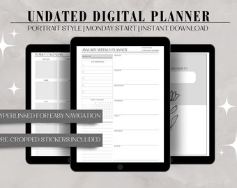 May include: A digital planner with three different pages: a yearly calendar, a weekly planner, and a cover page. The planner is undated and has a minimalist design with black text on a white background. The text on the cover page says "BELONGS TO".
