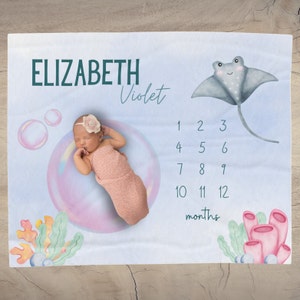 Personalized Milestone Blanket Baby Boy Blanket Baby Shower Gift with Name Month Tracker Monthly Age Growth Blanket Baby Underwater Blanket