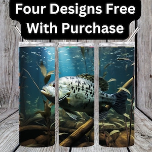 May include: Three stainless steel tumblers with a design of a fish swimming underwater. The fish is a light gray color with dark gray spots. The background is a blue and green color with a light brown log.