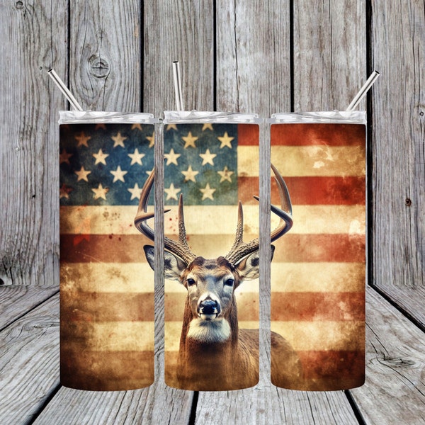 Whitetail Deer in Front of American Flag Grungy Style Tumbler Wrap Instant Download PNG Files for 20oz and 30oz Straight Skinny Tumblers