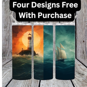 Orange and Blue Sailboat and Lighthouse Crashing Waves Tumbler Wrap Instant Download PNG Files for 20oz and 30oz Straight Skinny Tumblers