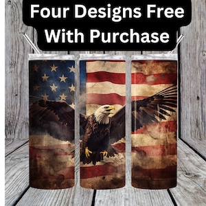 Águila calva volando frente a la bandera estadounidense Estilo grungy Tumbler Wrap Descarga instantánea Archivos PNG para vasos delgados rectos de 20 oz y 30 oz