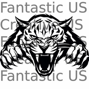 May include: Black and white illustration of a tiger's head with its mouth open, showing sharp teeth. The tiger's claws are visible on either side of the head.