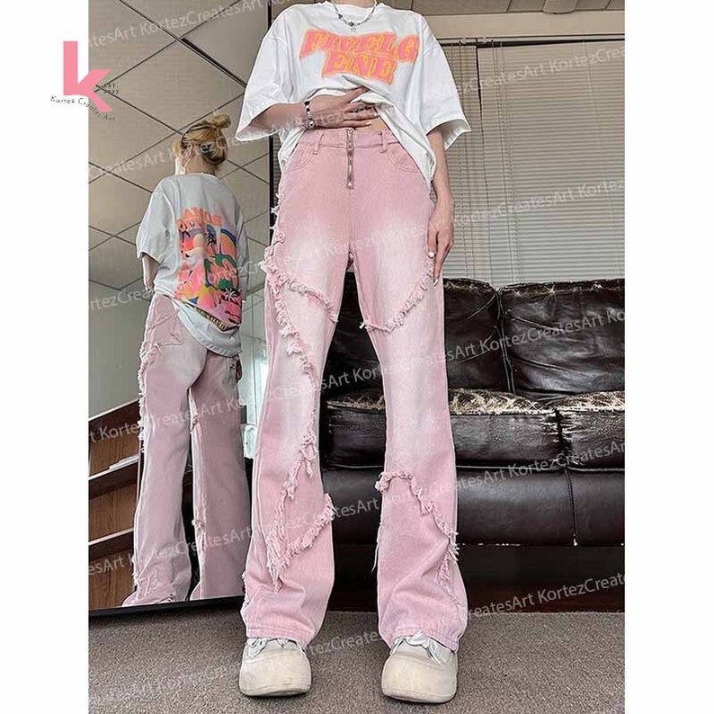Hot Pink Women Baggy Jeans, Y2K Vintage Streetwear Wide Leg Denim