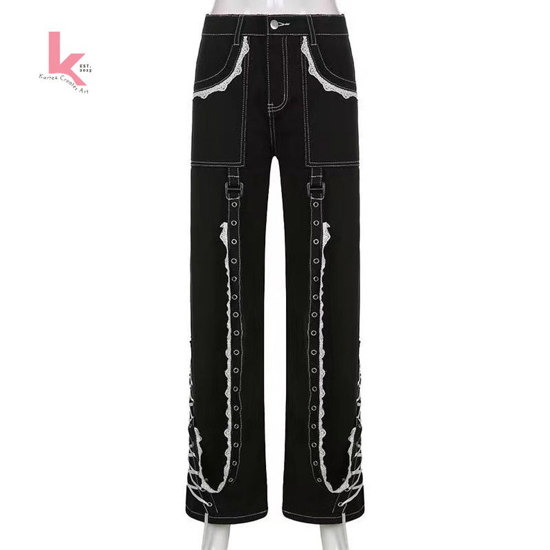 Y2K Lace up Patchwork Dark Academia Streetwear Punk Bandage Denim