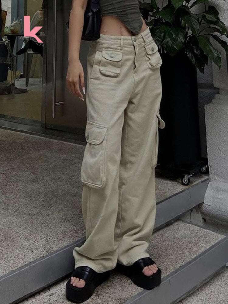 White Y2K Rhinestone Low Rise Cargo Pants