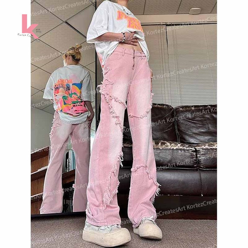 Hot Pink Women Baggy Jeans, Y2K Vintage Streetwear Wide Leg Denim