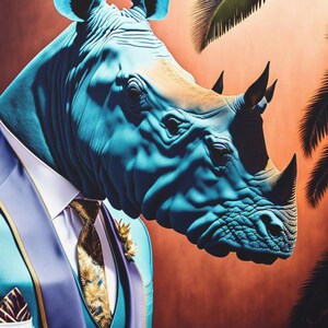 The Refined Jungle: Elegant Rhino Portrait in Tailored Suit Canvas Wall Art, Creative Digital Wall Art, Instant Poster Download