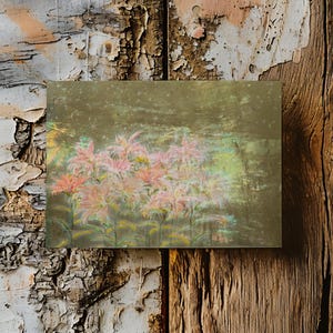 May include: A framed artwork featuring a pastel painting of pink flowers with green foliage. The artwork is set against a textured, peeling white and brown wooden background, creating a rustic aesthetic.