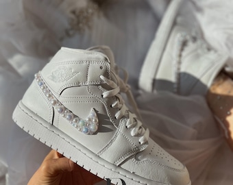 Personalized Wedding Sneakers: Pearl & Rhinestone Bridal Air Jordans