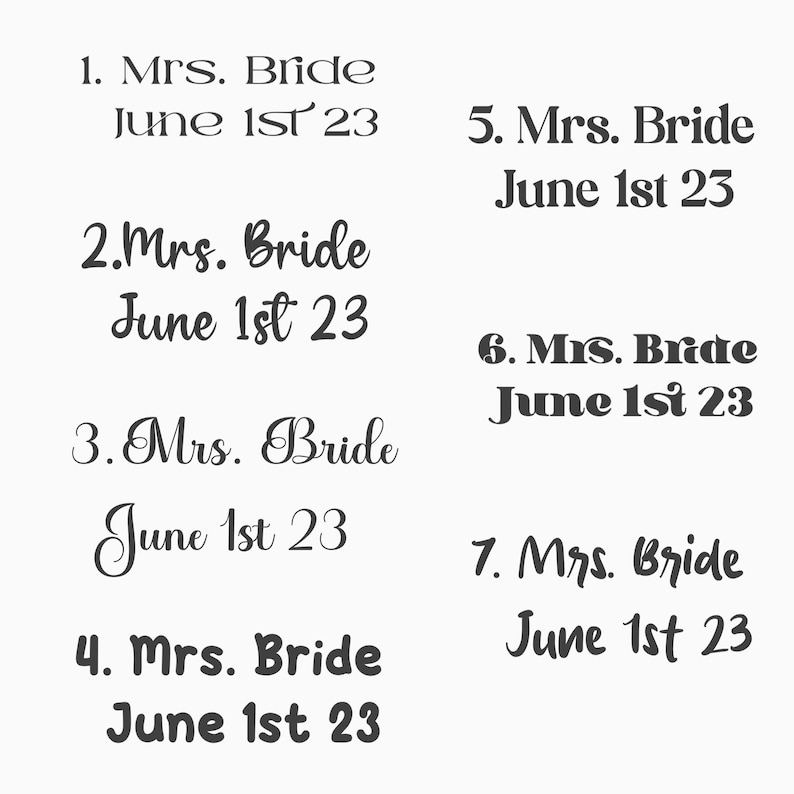 Puede incluir: Siete tarjetas de invitaci&oacute;n de boda imprimibles con el texto "Mrs. Bride June 1st 23" y un n&uacute;mero del 1 al 7.