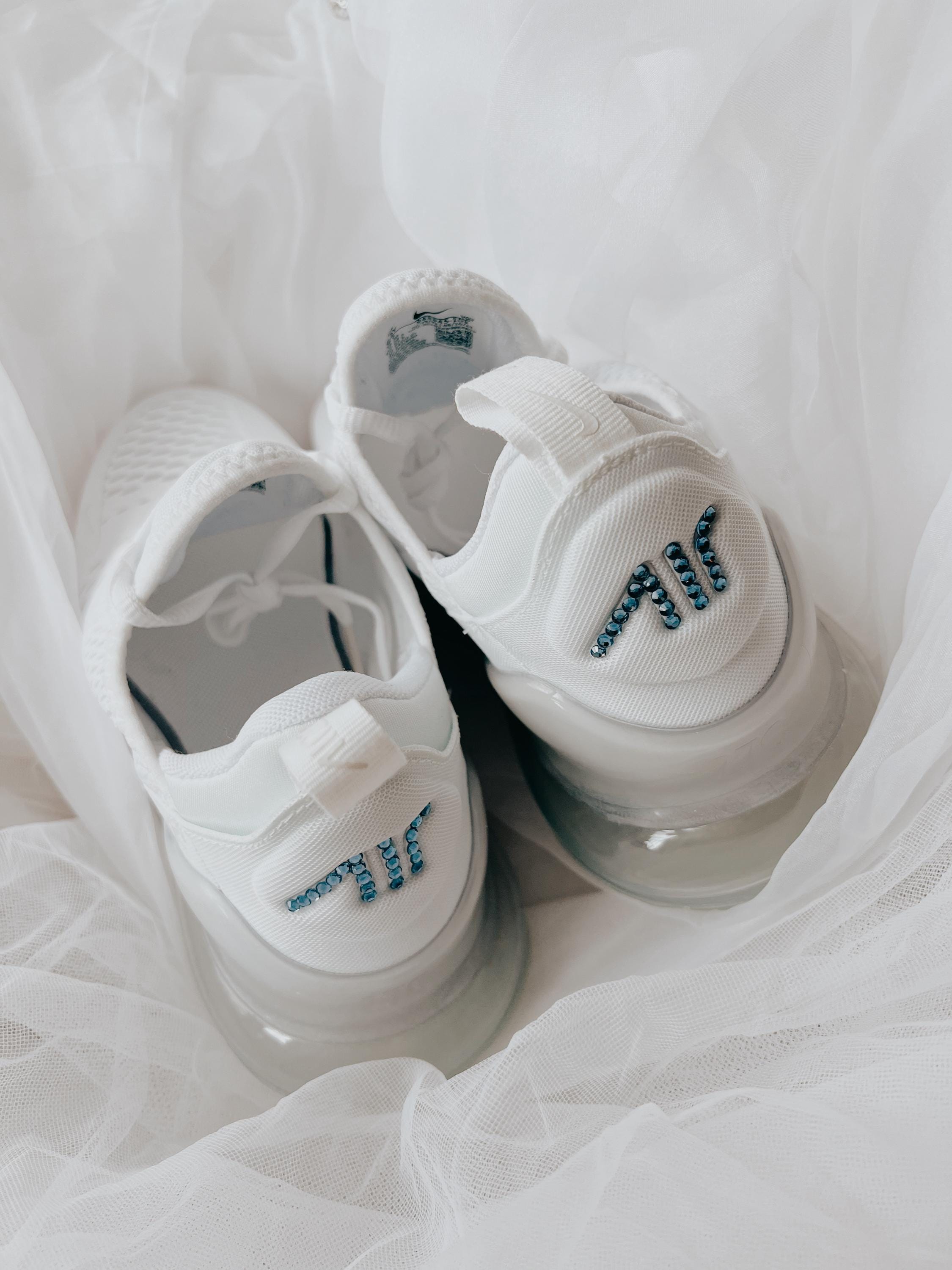 Personalized Nike Air Max 270 Bridal Sneakers, Blue Rhinestone