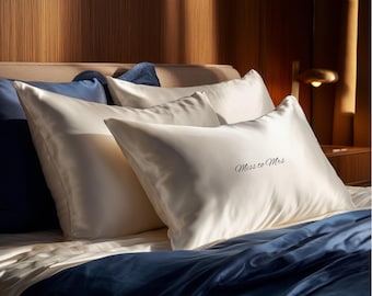 Personalized wedding satin pillowcases for Mr & Mrs | Romantic housewarm gift silk pillowcase |