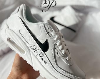 Personalized Groom Sneakers Nike Air Max 90 Custom Wedding Shoes Stylish Comfortable Black Swooshes AF1 for Grooms