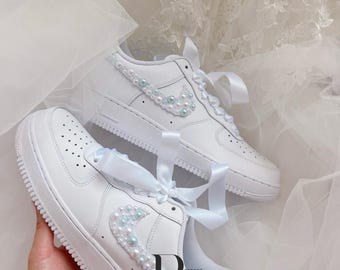 Zapatillas de boda azules con adornos de perlas, zapatos Air Force personalizados para novias