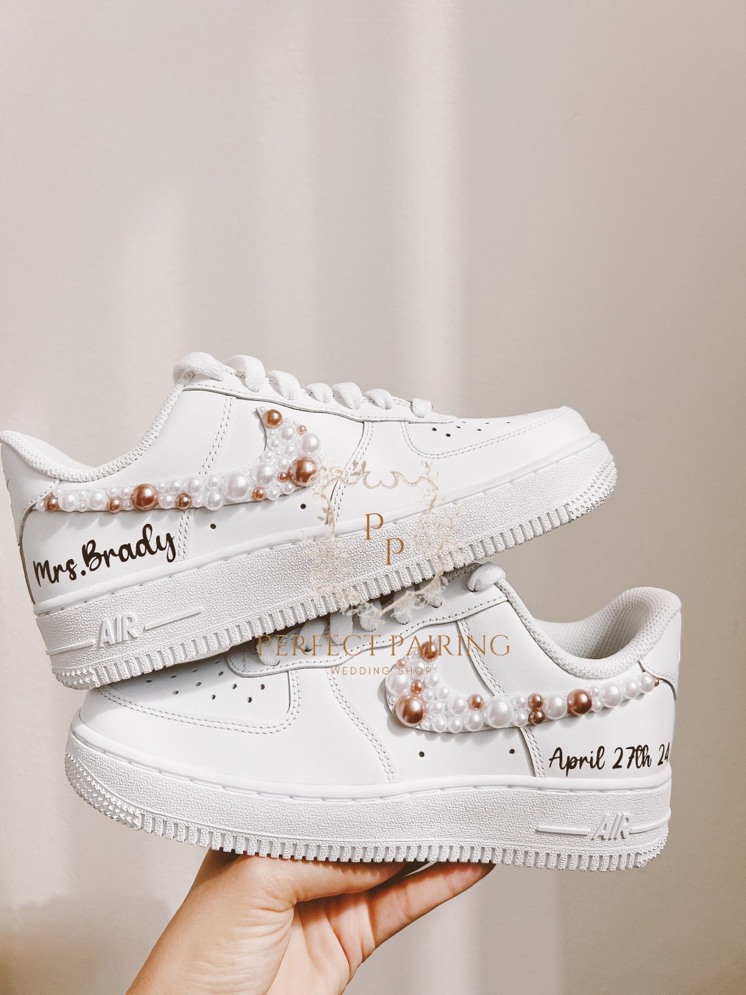 Personalized Wedding Nike AF1 Pearl Accents, Custom Brown Shoes, Gift ...