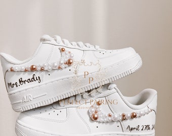 Pearl Wedding Sneakers Bridal Shoe Customizable Wedding Shoes  Nike Air force 1 Wedding Sneakers Personalized bronze Pearl Shoes For Bride