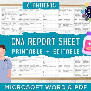 CNA Brain Sheet for 6 Patients, Certified Nursing Assistant,  Cna Tech Shift Report Sheet, CNA Shift Planner, Microsoft Word, PDF