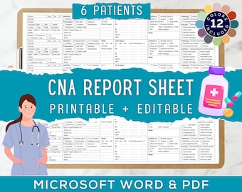 May include: Printable CNA report sheet template for 6 patients. The sheet includes sections for vital signs, mobility, precautions, activity, and additional notes. The template is available in Microsoft Word and PDF formats. The image also shows a nurse in a blue uniform.