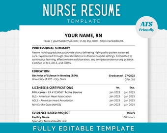 May include: A white nurse resume template with a teal header and footer. The text "NURSE RESUME TEMPLATE" is at the top. The resume includes sections for professional summary, education, licenses, and certifications. The template is ATS friendly.