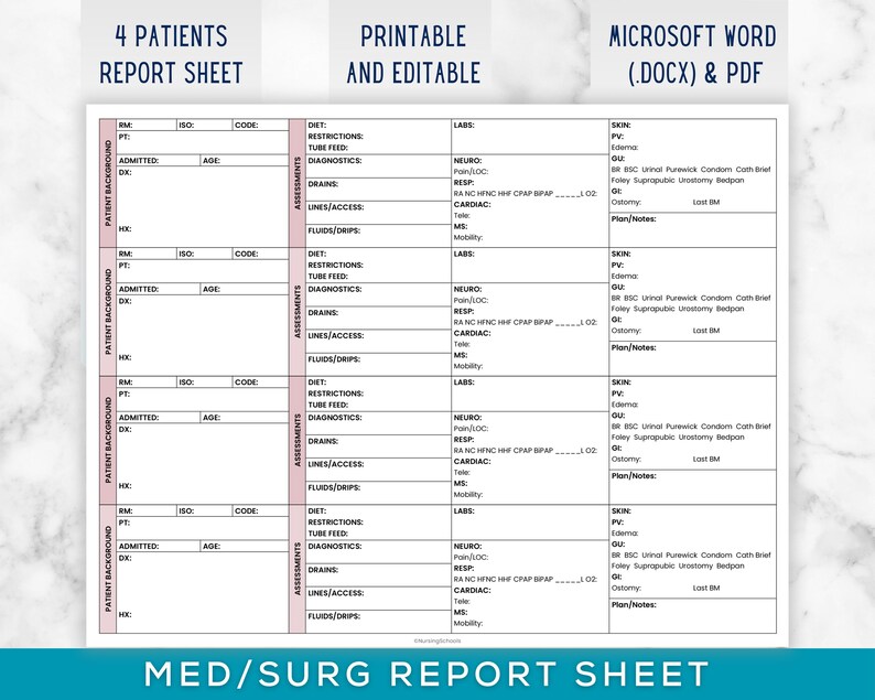 Four Patient Worksheet.pdf Med Surg Nursing Brain Sheet for 4 Patients, Medical Surgical Nurse ...