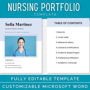 May include: A nursing portfolio template with a light blue and white design. The template includes a photo of Sofia Martinez, a registered nurse, and a table of contents. The text reads "FULLY EDITABLE TEMPLATE" and "CUSTOMIZABLE MICROSOFT WORD."