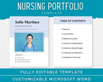 Könnte beinhalten: Eine Vorlage für ein Pflegeportfolio mit einem hellblauen und weißen Design. Die Vorlage enthält ein Foto von Sofia Martinez, einer Krankenschwester, und ein Inhaltsverzeichnis. Der Text lautet "FULLY EDITABLE TEMPLATE" und "CUSTOMIZABLE MICROSOFT WORD".