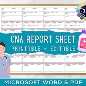 Patient Care Tech/Nurse Assistant Report Sheetfor 4 Patients, Pct, CNA, Shift Report, Vital Signs, MedSurg, PCU, Microsoft Word, PDF