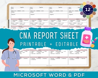 Patient Care Tech/Nurse Assistant Report Sheetfor 4 Patients, Pct, CNA, Shift Report, Vital Signs, MedSurg, PCU, Microsoft Word, PDF